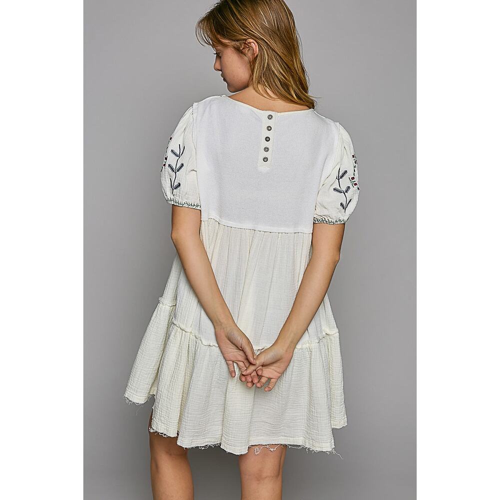 POL Ivory Embroidered Mini Dress Size L Boho Tassel Tie Balloon Sleeve - Picture 2 of 13